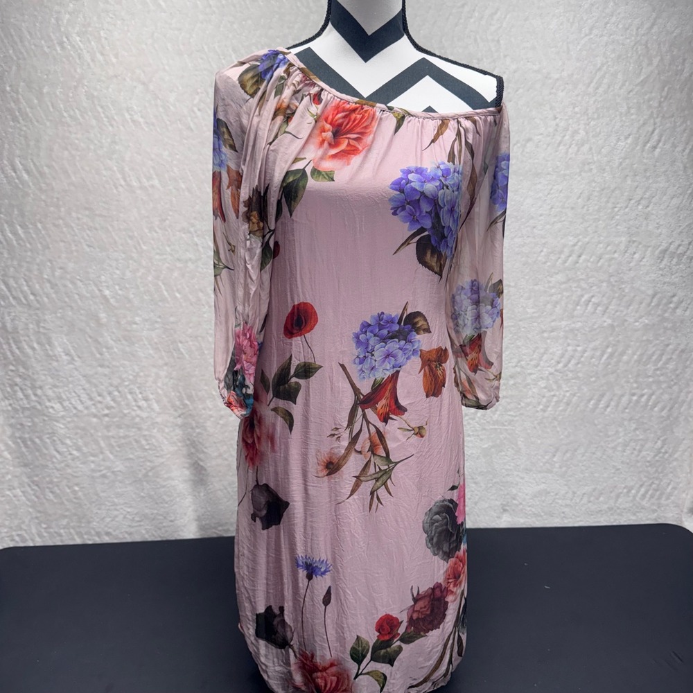 Bellaumbra Italy Pink Floral Off Shoulder Tunic Dress XL Hydrangea Poppy Print